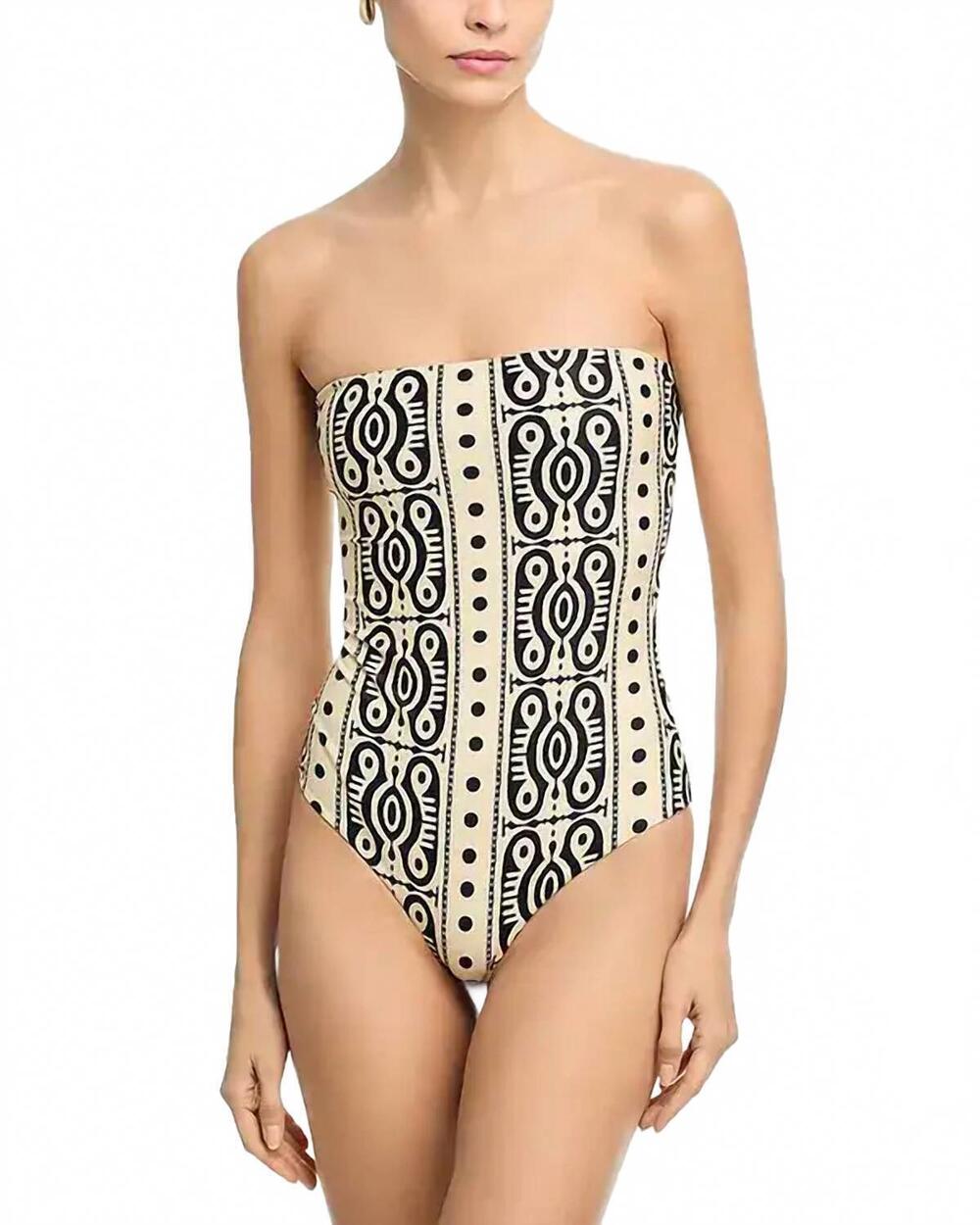 NEW JOHANNA ORTIZ tribal alta off-the-shoulder one-piece swimsuit in ecru/black